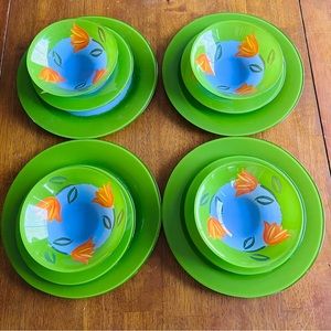 Matys Arcoroc Bright Green Painted tulip plate bowl 12 Piece Set Made in France